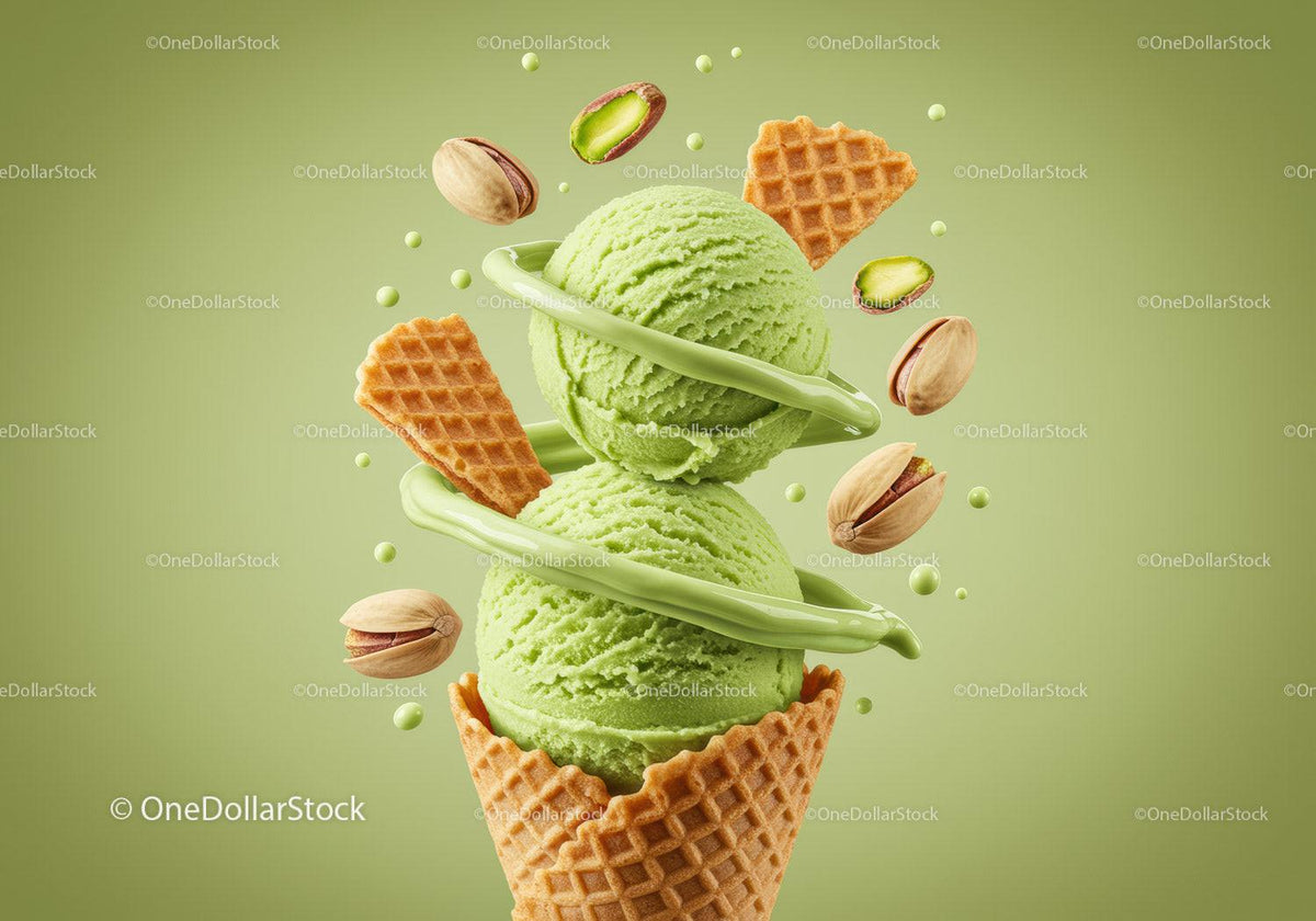 Two Scoops of Pistachio Ice Cream with Waffle Cones