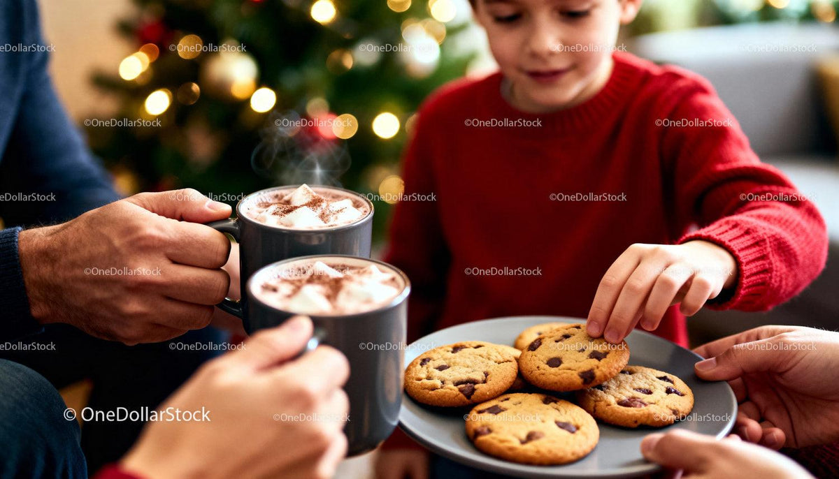 Child and family sharing cookies and hot cocoa by Christmas tree