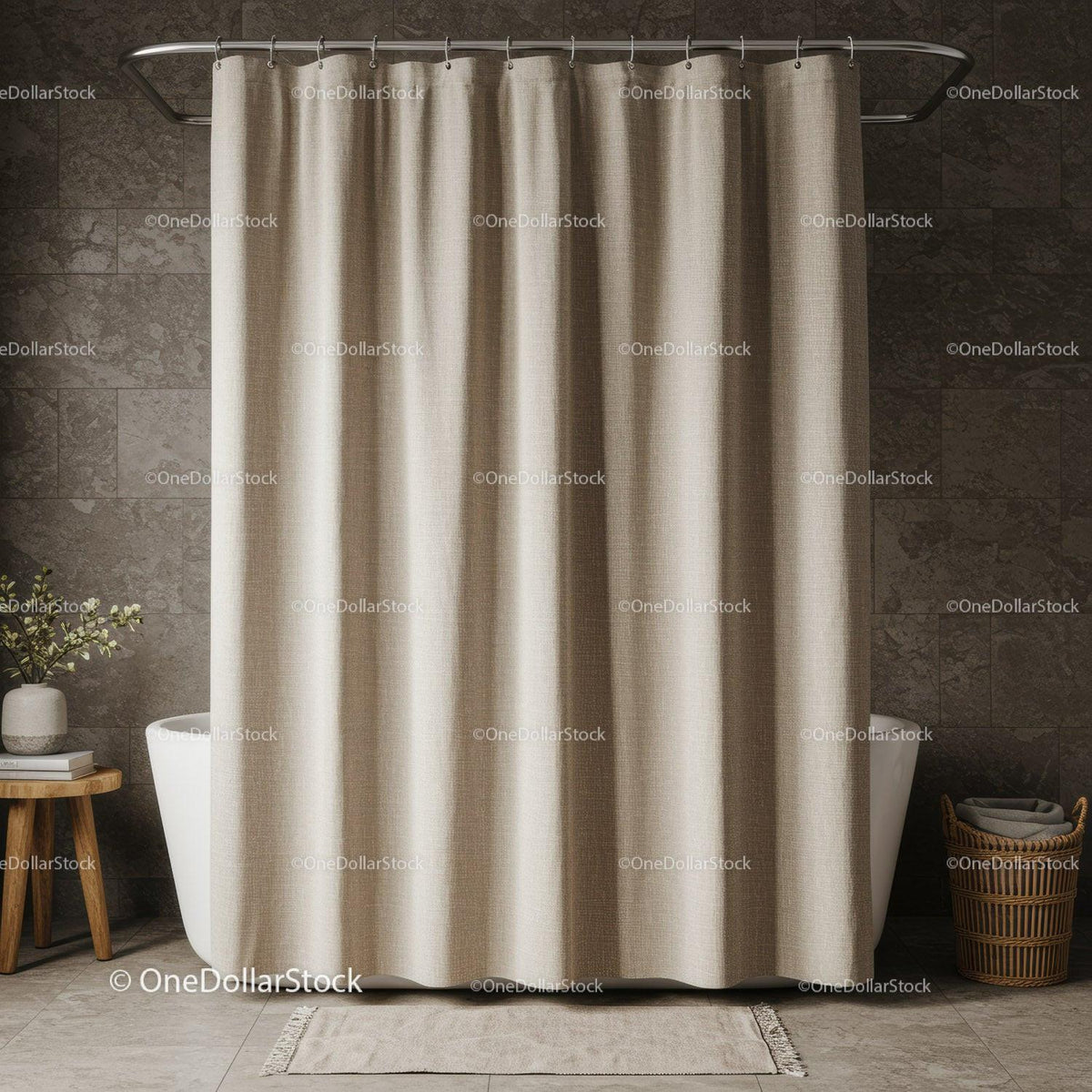 Beige Fabric Shower Curtain for Modern Bathroom Interior