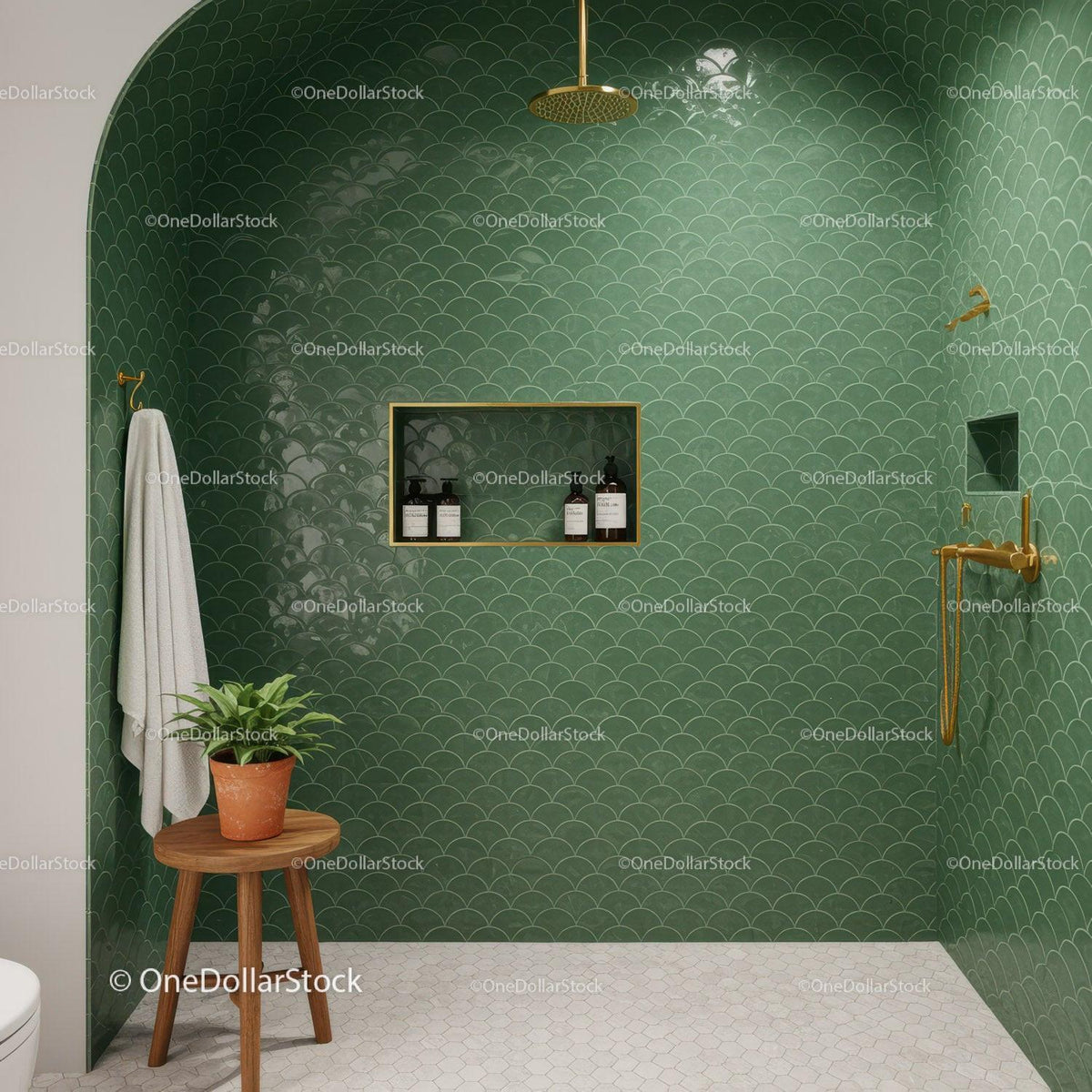 Modern shower with green scallop tiles and gold fixtures