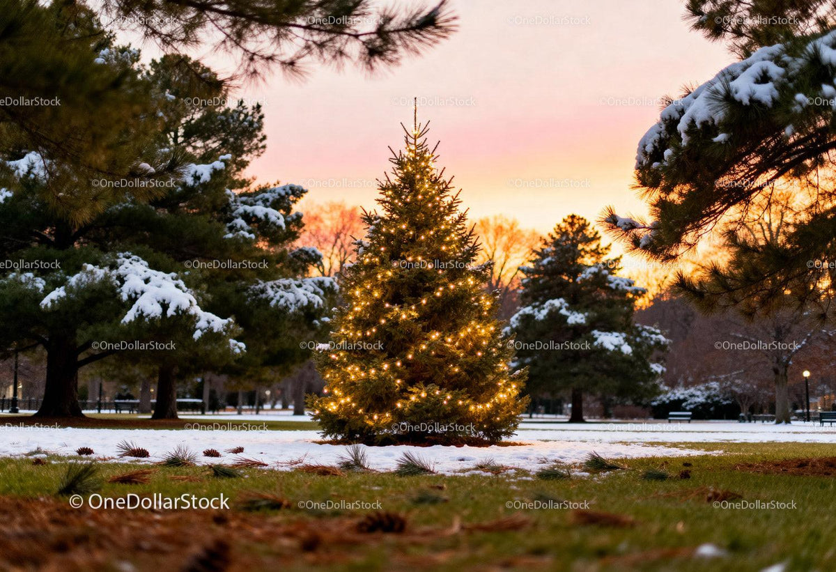 Christmas tree with lights in snowy park at sunset