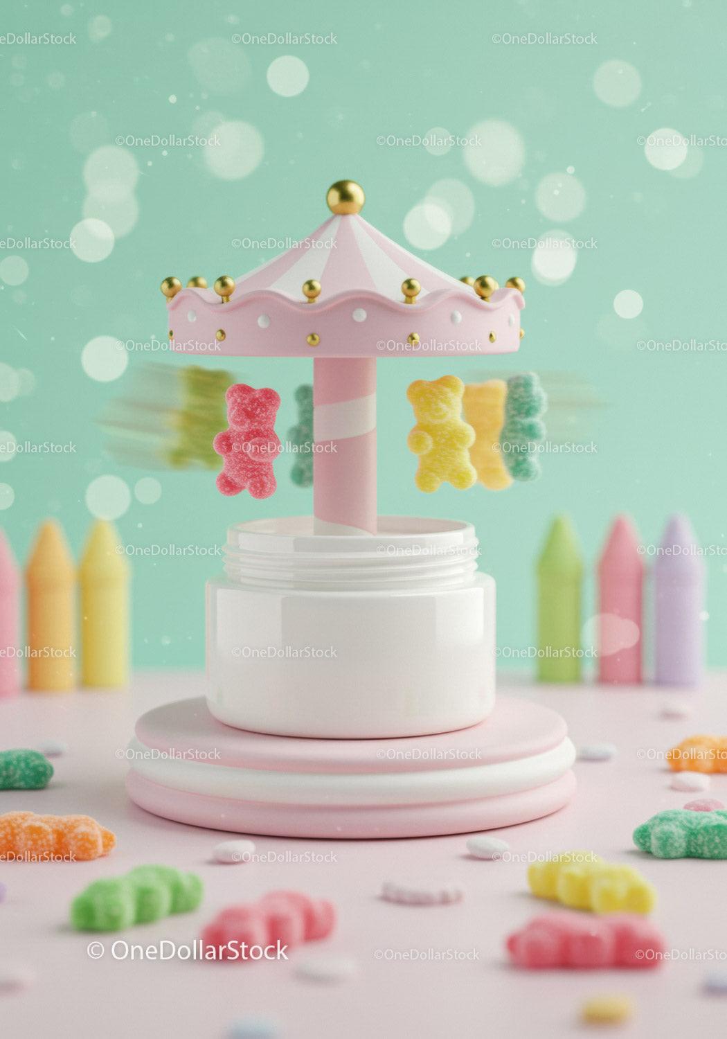 Colorful gummy bears spinning around pastel carousel JPG Mockup Image preview