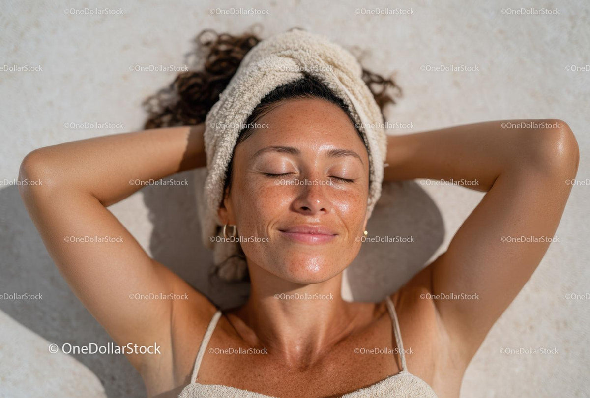 Woman Relaxing During Spa Day With Towel on Head Beauty Routine