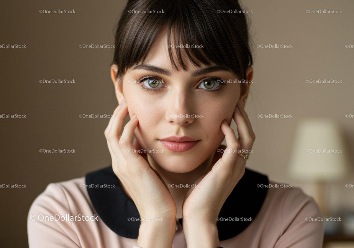 Elegant Portrait of a Young Woman with Green Eyes and Short Dark Hair