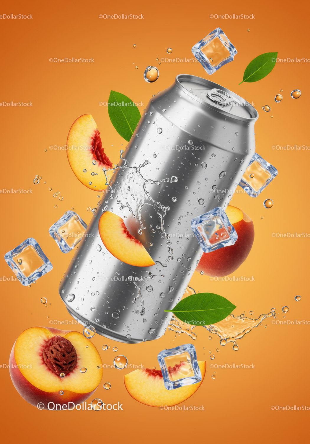 Refreshing Peach Drink Can with Ice and Splash