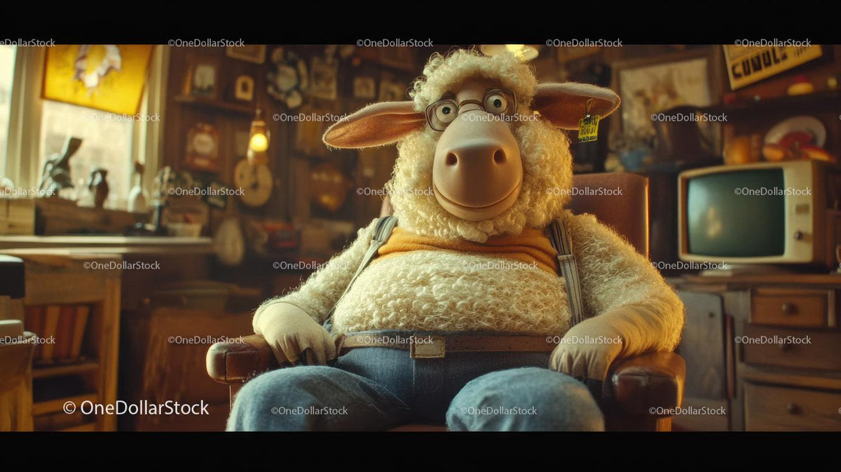 Fluffy sheep character in glasses sitting in wooden chair wearing denim and yellow shirt indoors