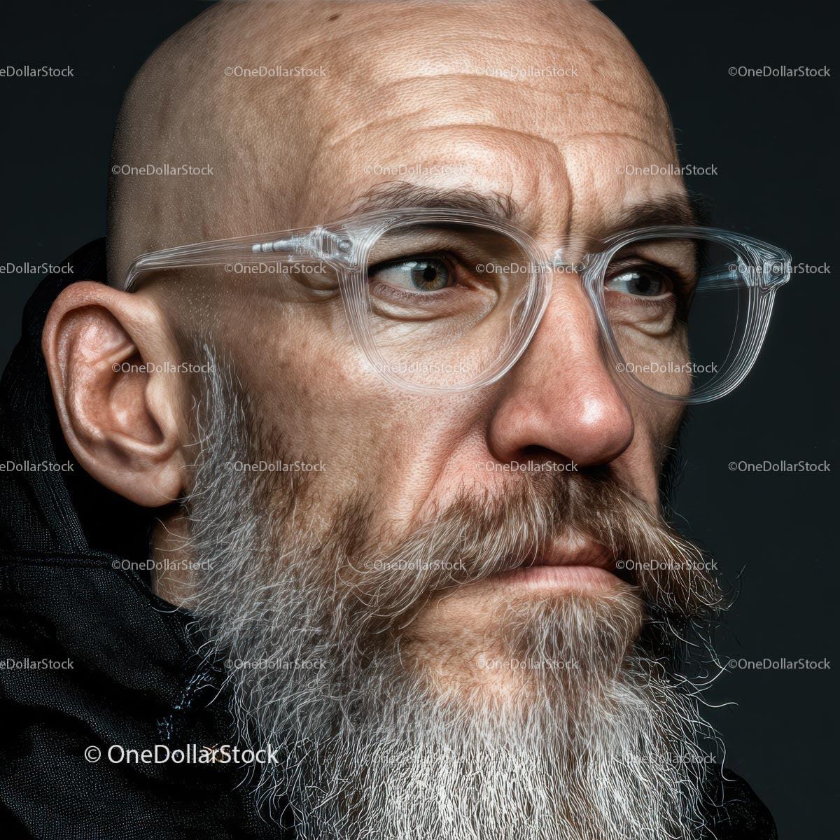 Mature Man with Glasses and a Thoughtful Expression in Portrait Stock Photo Bundle preview