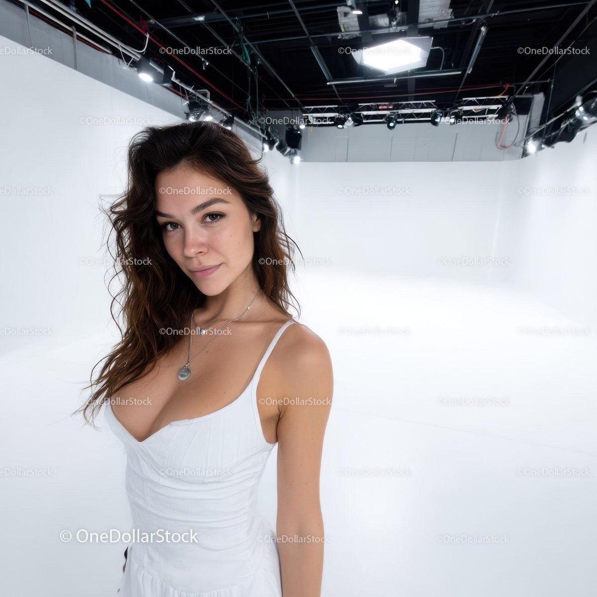 Portrait of a Young Woman in a White Dress in a Studio Setting