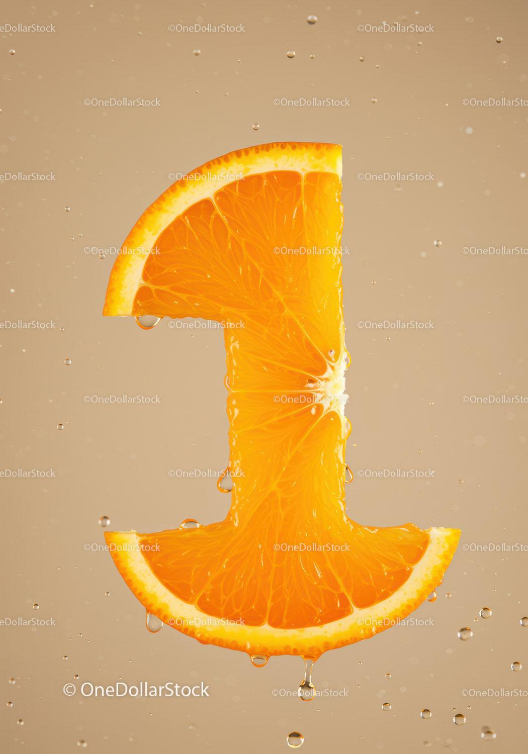 Fresh orange slice shaped as number one with water droplets