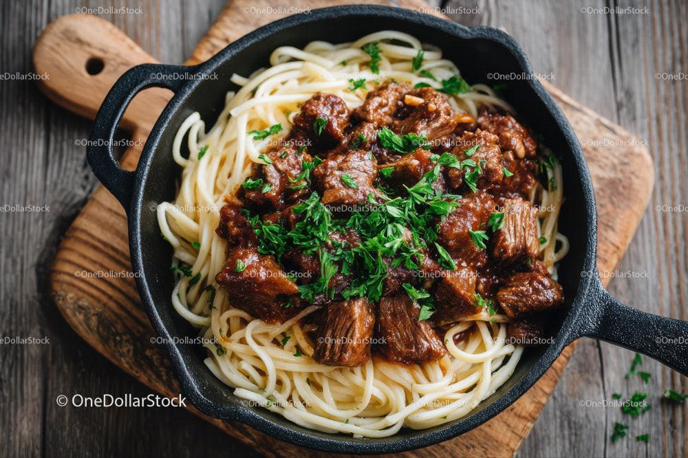 Hearty Beef and Cherry Tomato Pasta in Rustic Skillet Stock Photo Bundle preview 12