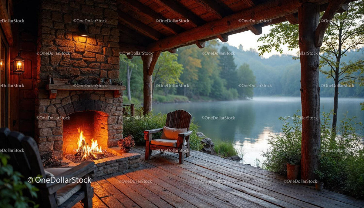 Rustic Lakeside Porch with Fireplace and Scenic Water View