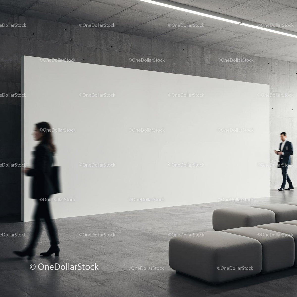 Minimalist office lobby with modern seating and people walking JPG Mockup Image preview
