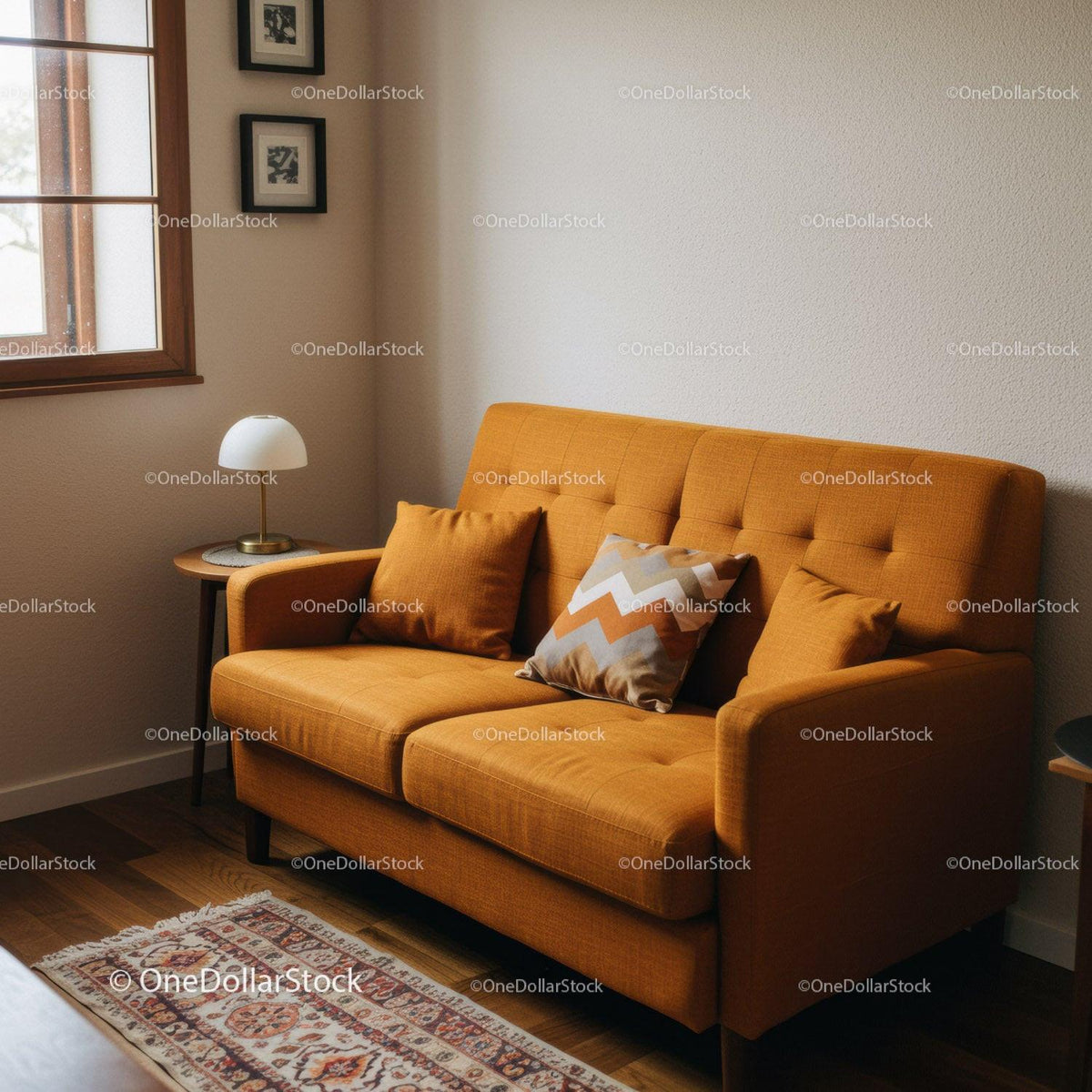 Elegant Orange Sofa in Cozy Modern Living Room with Pillows