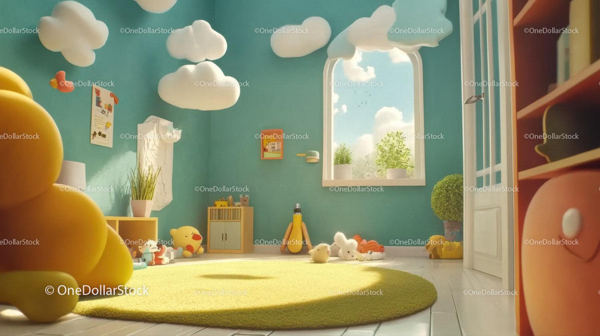 Children's playroom with plush cloud cushions, yellow round rug, scattered toys, and window showing blue sky