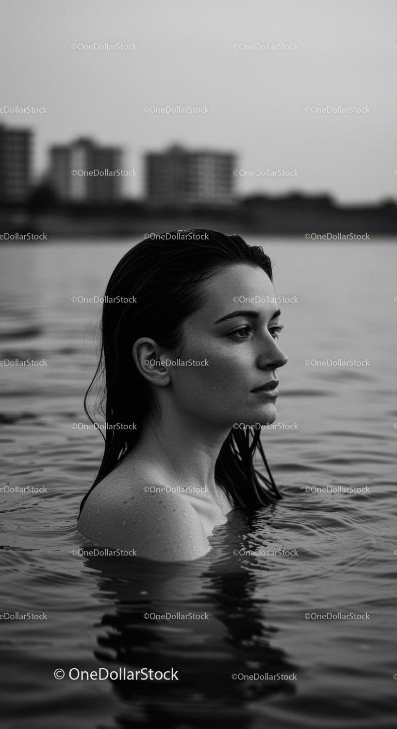 Serene Woman in Water with City Skyline in Black and White
