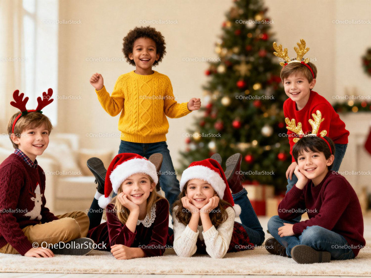 Happy children celebrating Christmas in festive outfits