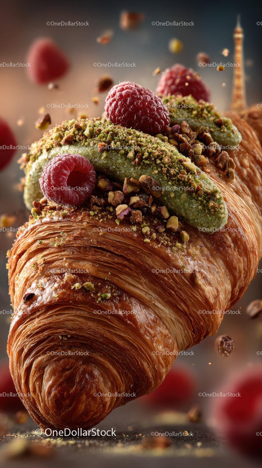 Delicious Croissant with Raspberries and Pistachios Topping