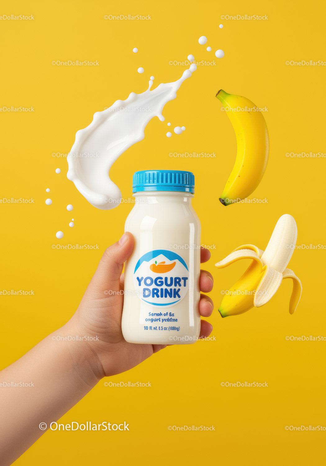 Hand Holding Yogurt Drink with Fresh Bananas Splash