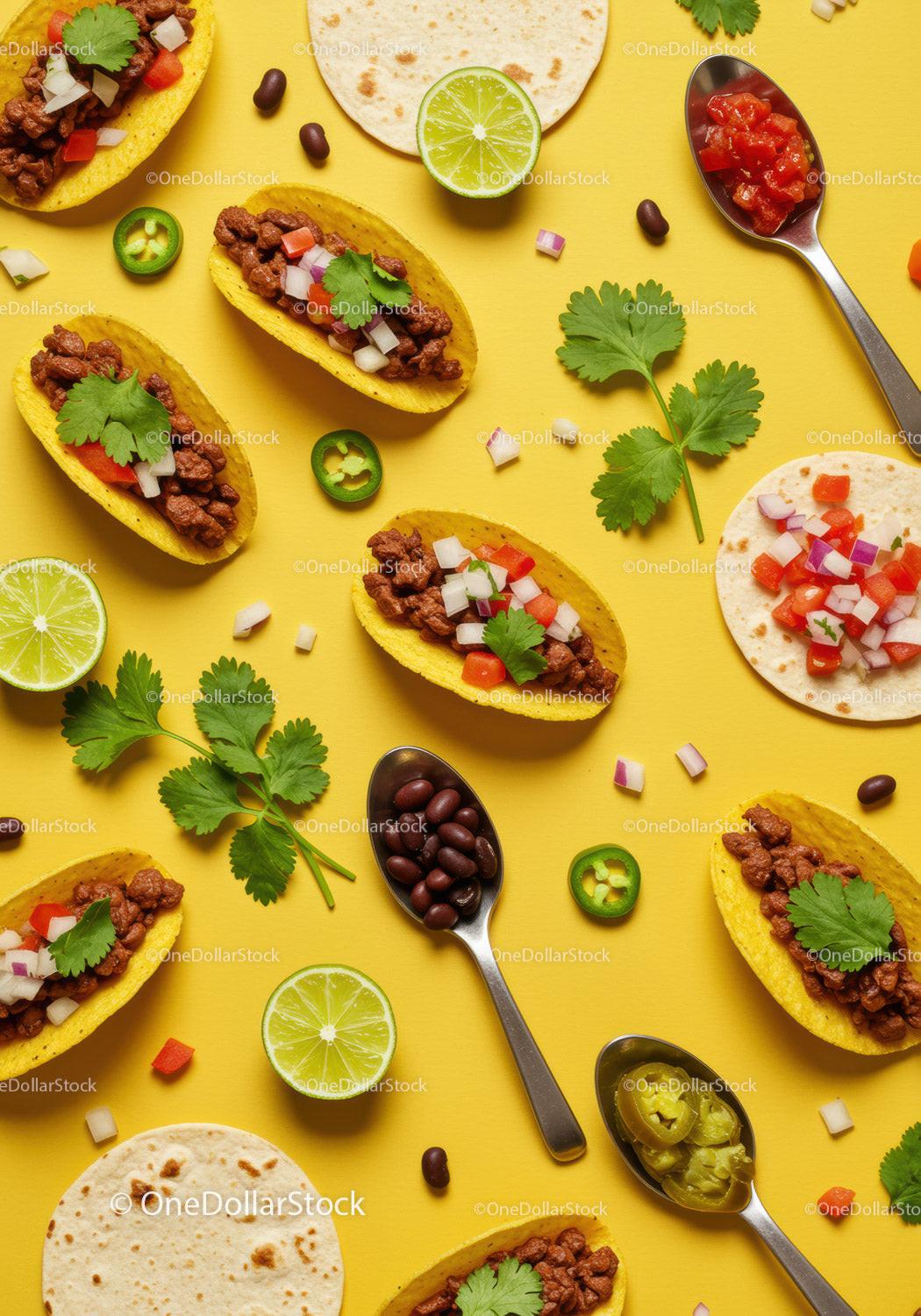 Mini tacos with seasoned beef and fresh toppings on yellow
