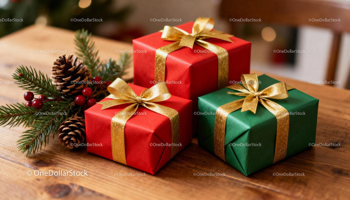 Festive wrapped gifts with golden ribbons and pine cones