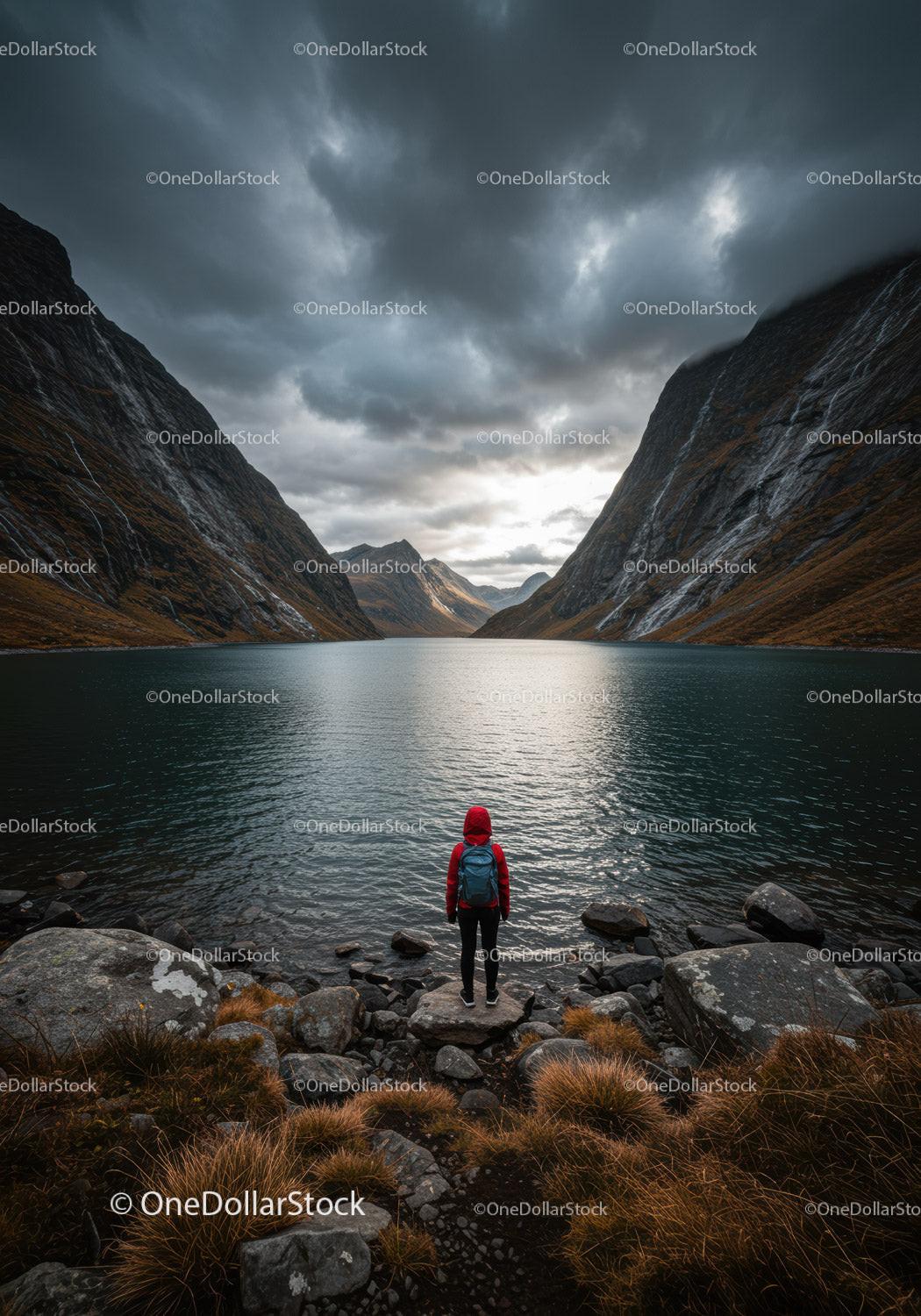 Scenic Mountain Valley with Dark Clouds and Tranquil Lake