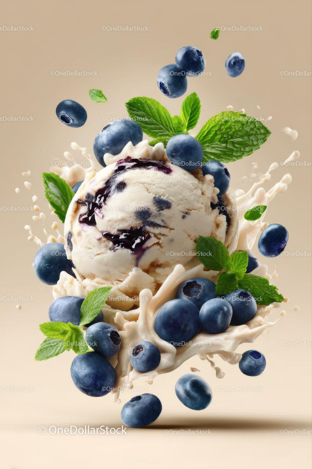 Blueberry Ice Cream with Mint and Berry Splash in a Bright Scene