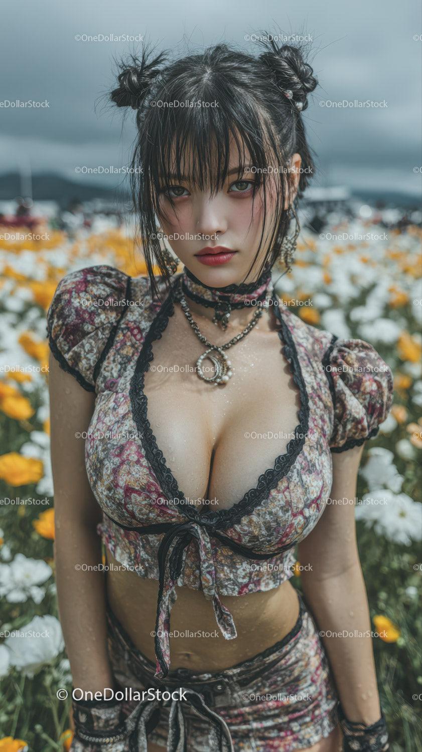 Young Woman with Wet Hair Wearing Floral Crop Top and Shorts in Nature Scene