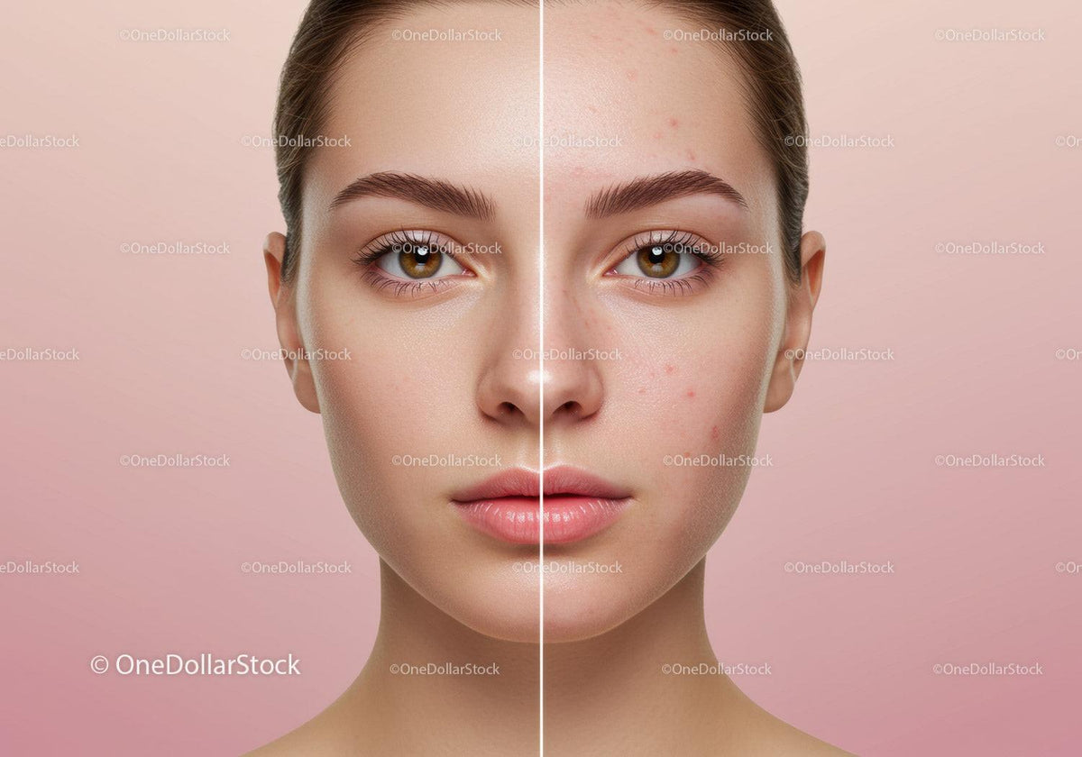 Close Up of Beautiful Woman Face Showing Acne Before and After Skin Care