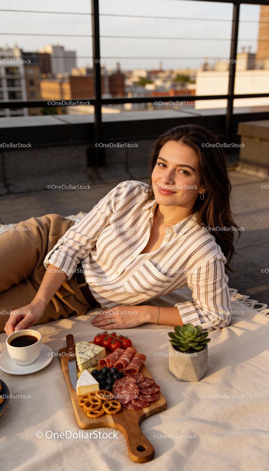 Woman Enjoying Sunset Picnic with Charcuterie Board