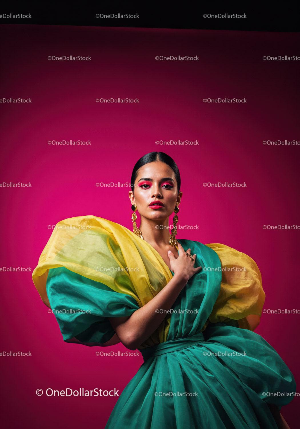 Fashion Model in Vibrant Pink and Yellow Flowing Gown Stock Photo Bundle preview 7