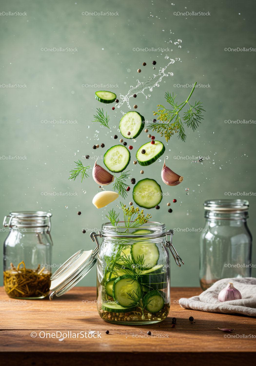 Fresh cucumber slices and herbs preparing for pickling