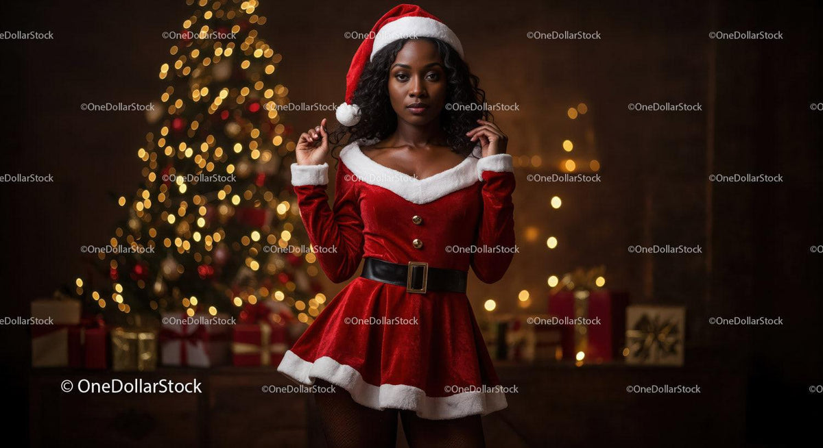 Woman in Festive Santa Dress by Christmas Tree Lights