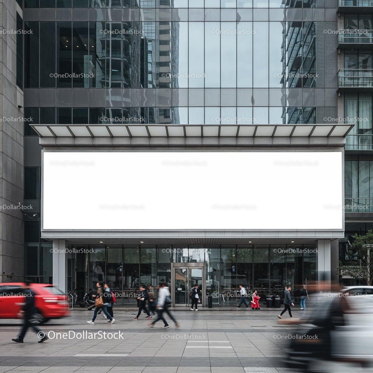 Busy urban street with giant blank billboard on glass building JPG Mockup Image preview