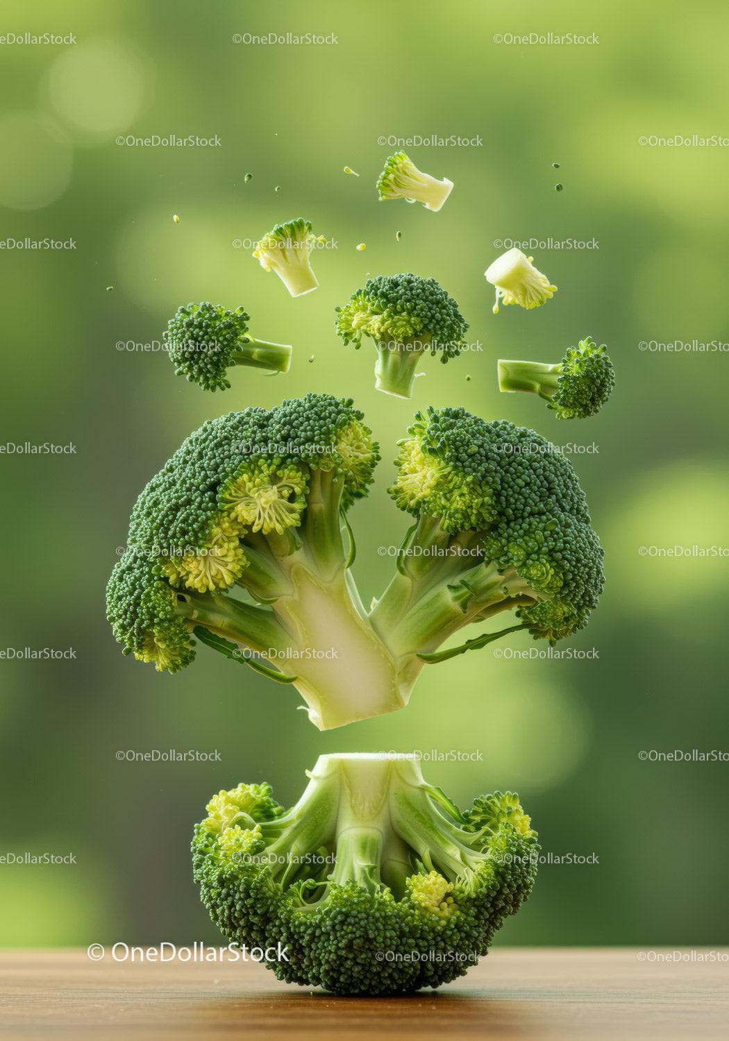 Fresh broccoli florets floating over wooden table