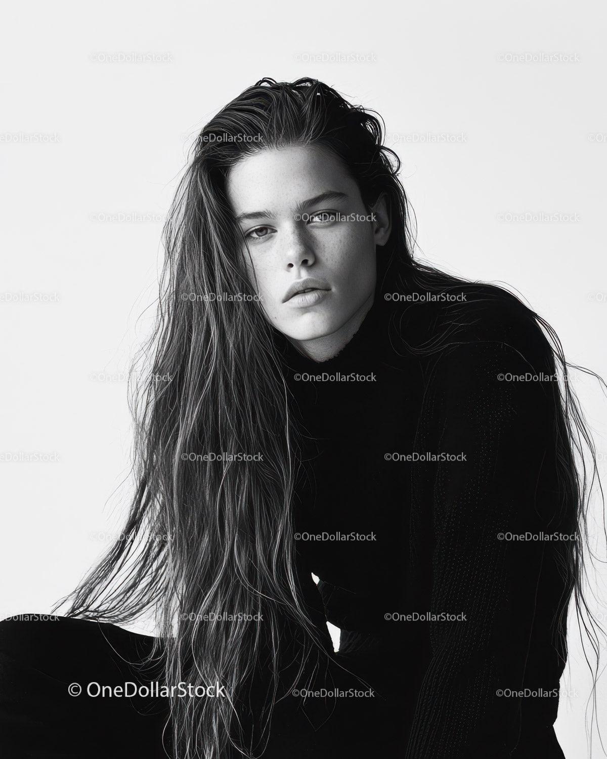 Striking Black and White Portrait of a Young Woman with Wavy Hair