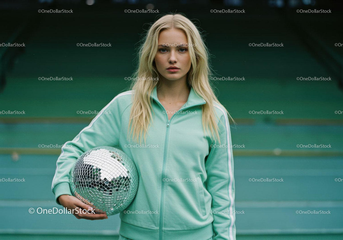 Young Woman Holding Disco Ball in Casual Sportswear on Tennis Court