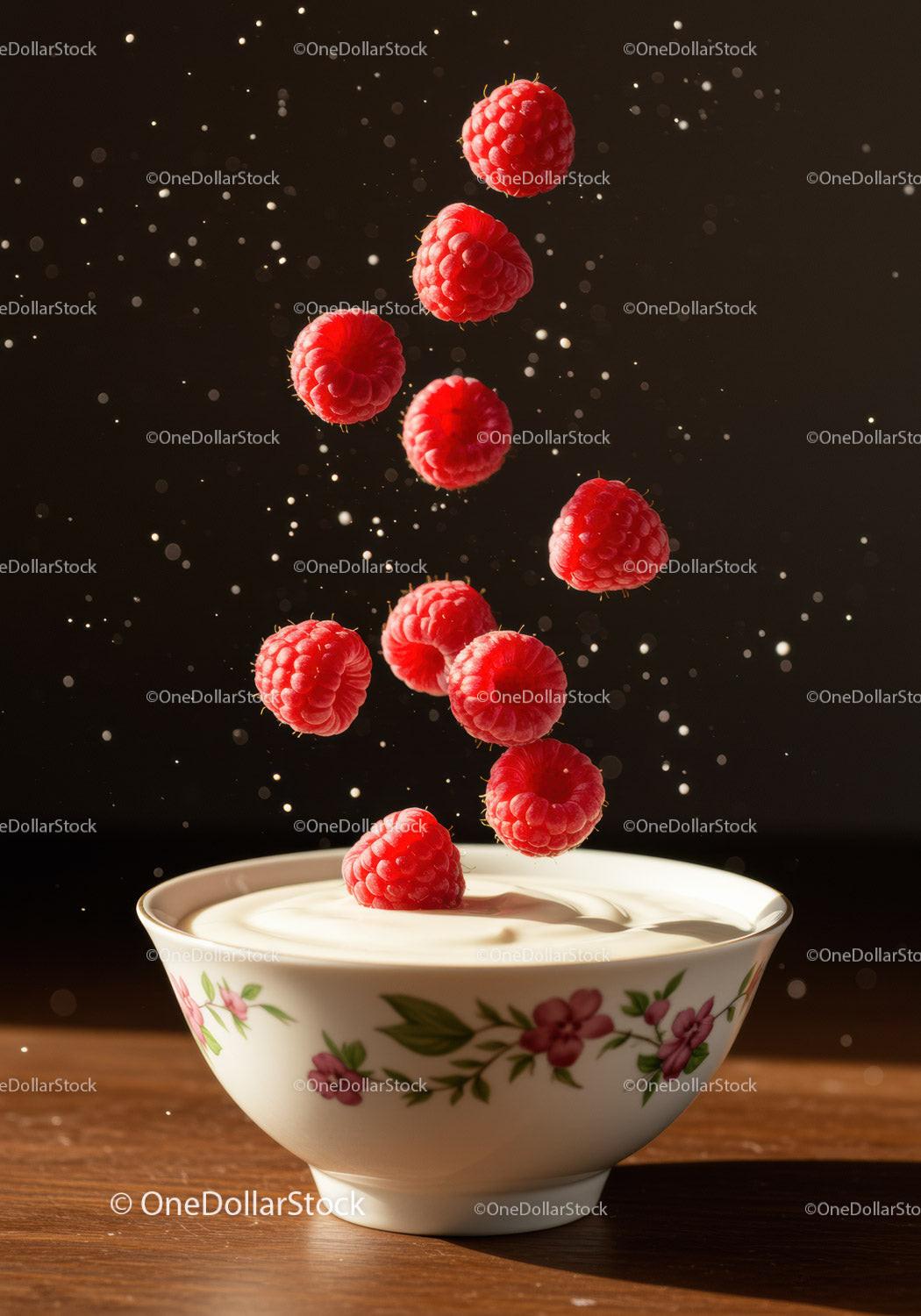 Fresh raspberries dropping into creamy yogurt bowl