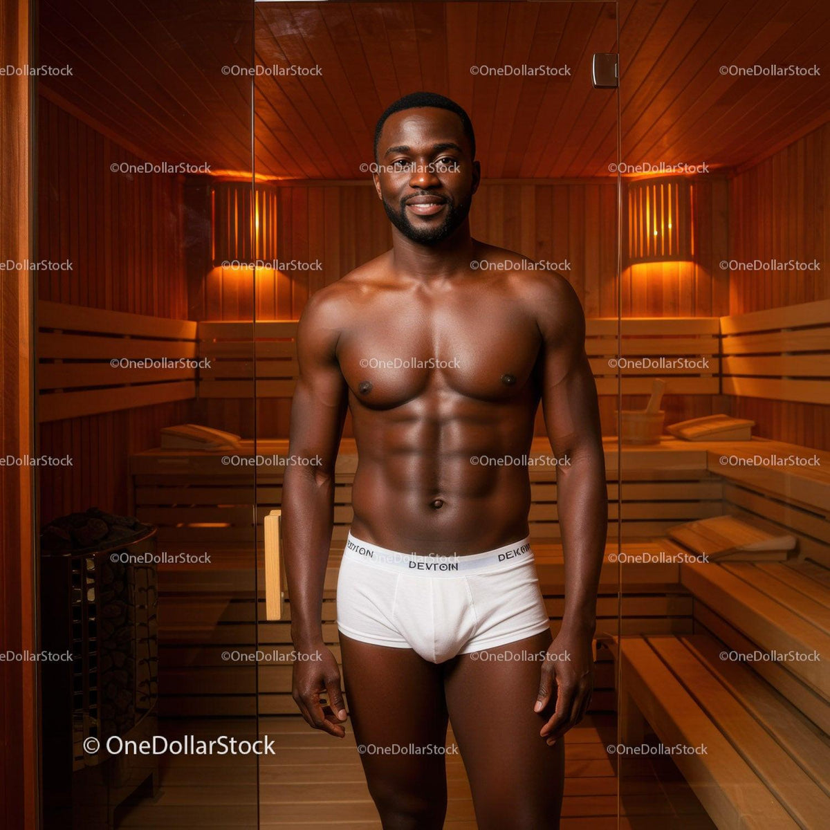 Healthy Man in White Underwear Standing in Sauna with Wooden Interior