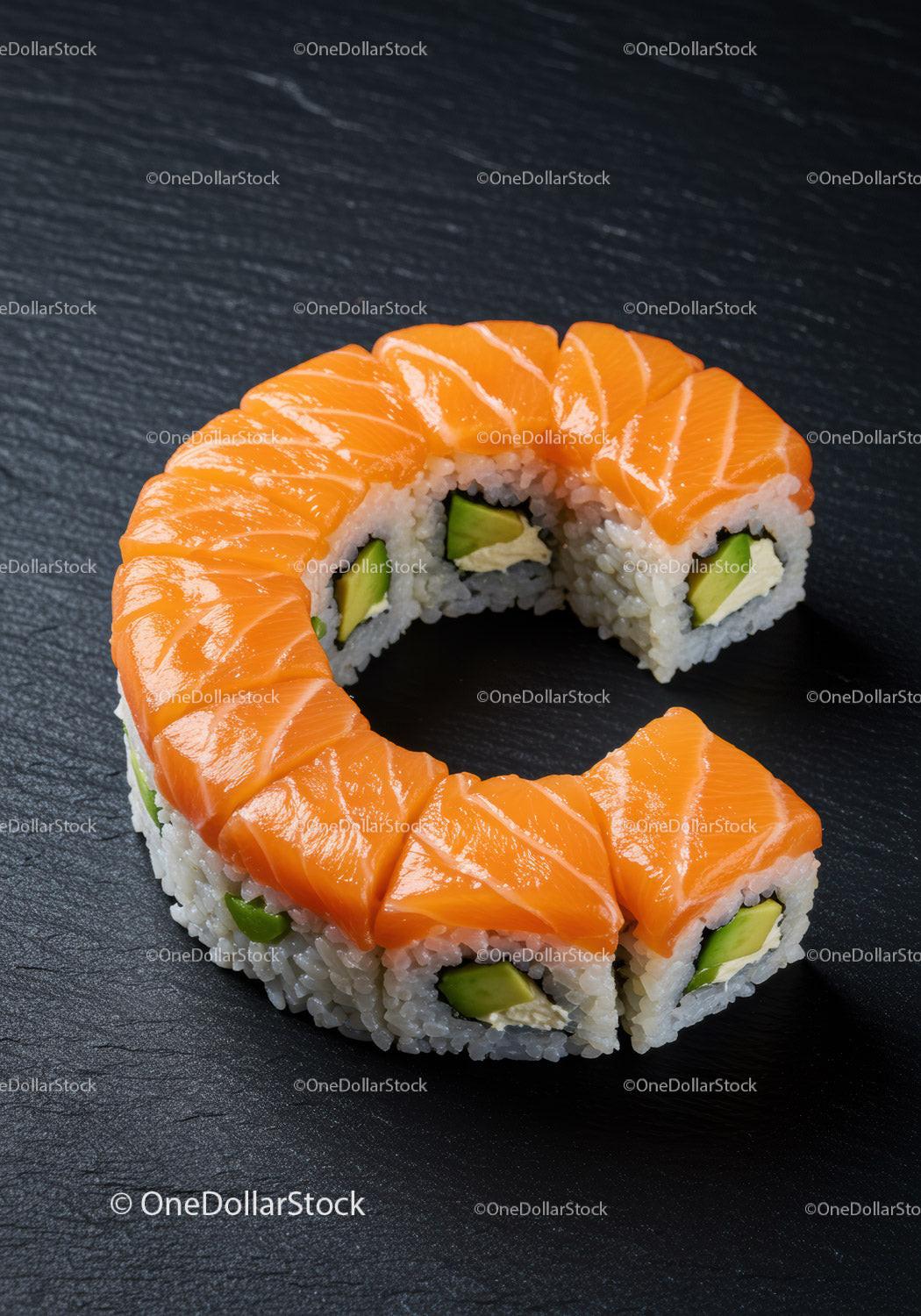 Salmon avocado sushi roll on black stone plate