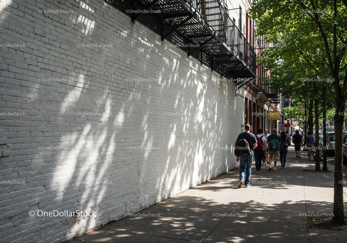 Urban Street Scene with White Brick Wall and Shaded Sidewalk JPG Mockup Image preview