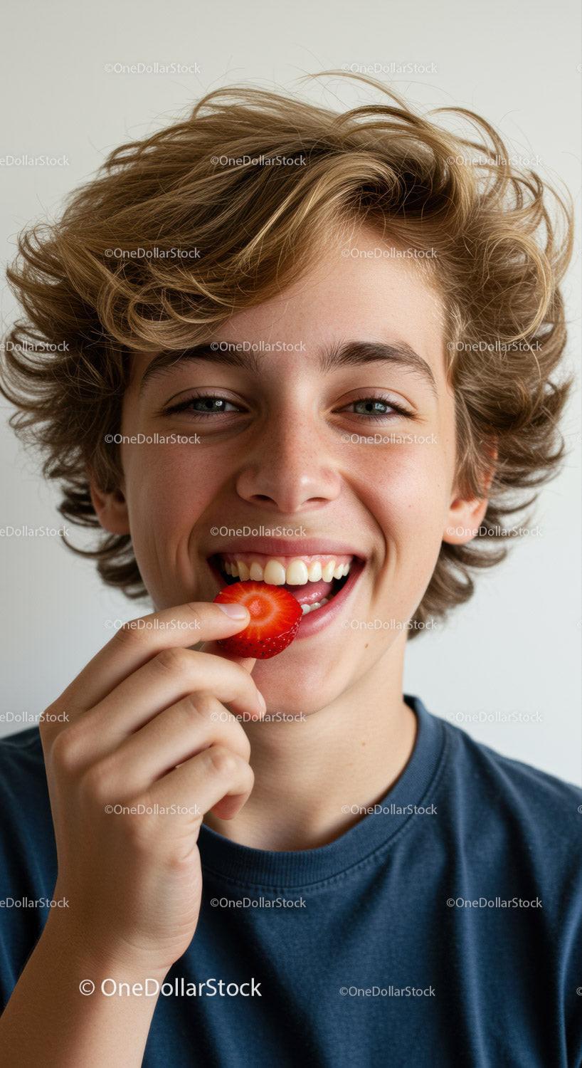 Joyful Teenager Eating Strawberries with Bright Smile and Casual Style