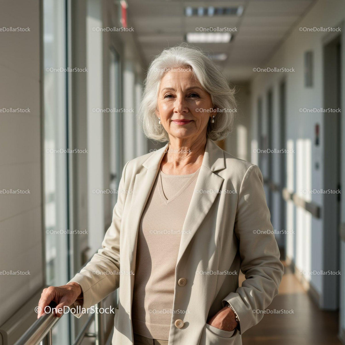 Elegant Senior Woman in Beige Blazer Standing in Modern Indoor Corridor