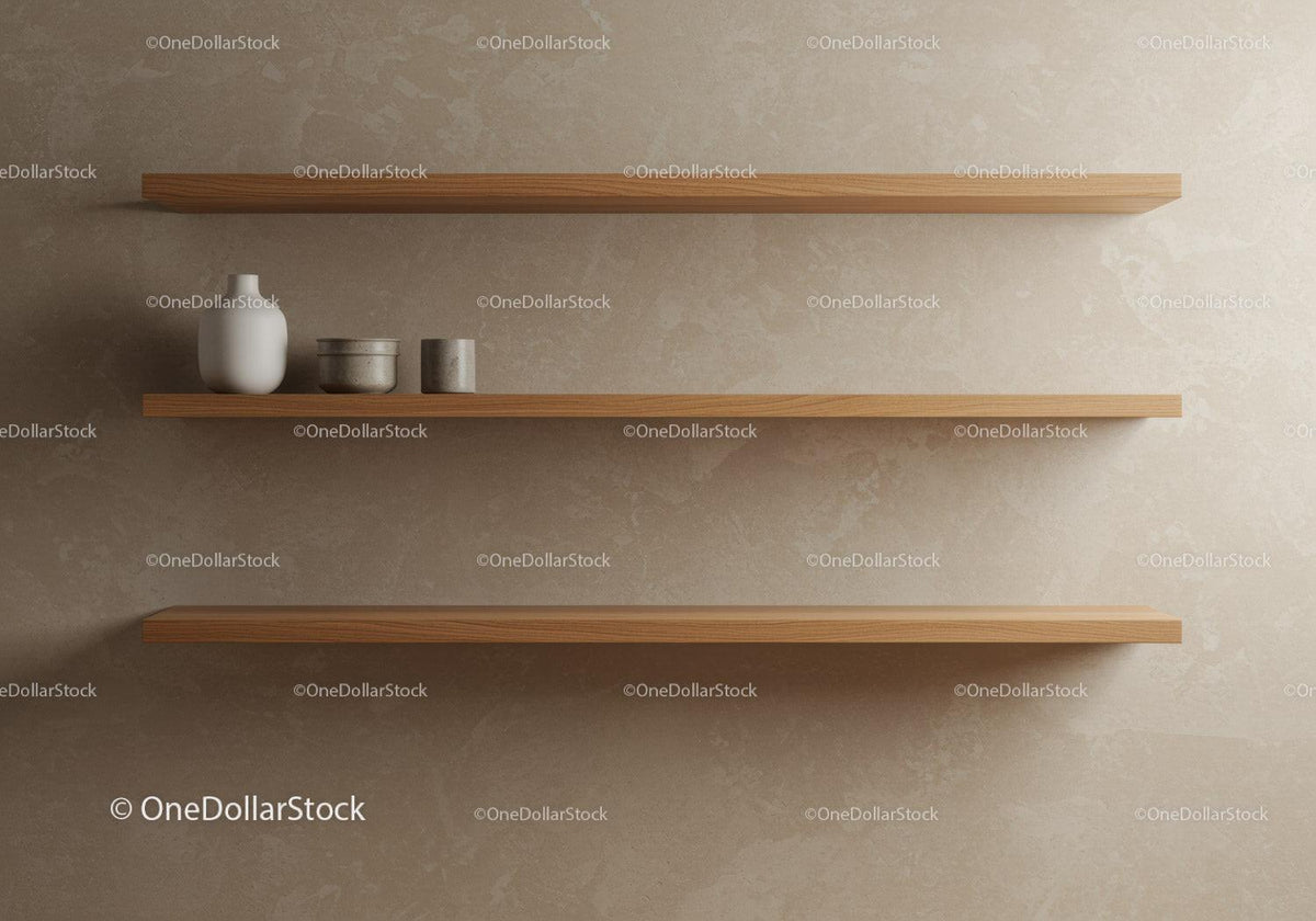 Wooden Floating Shelves with Decor in Contemporary Interior Scene