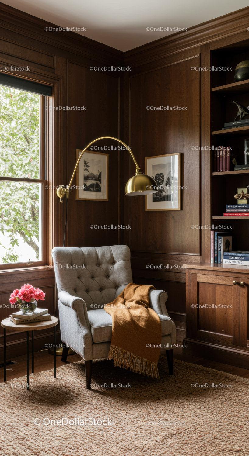 Cozy corner with tufted armchair and wooden shelves