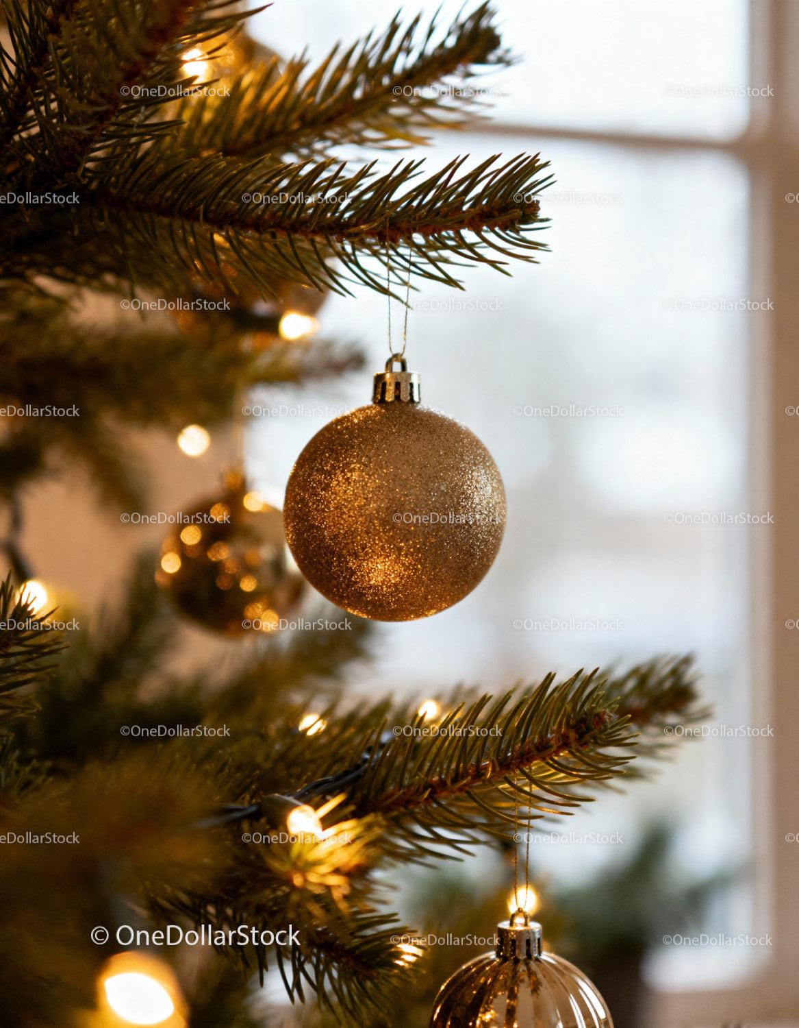 Golden bauble hanging on festive Christmas tree