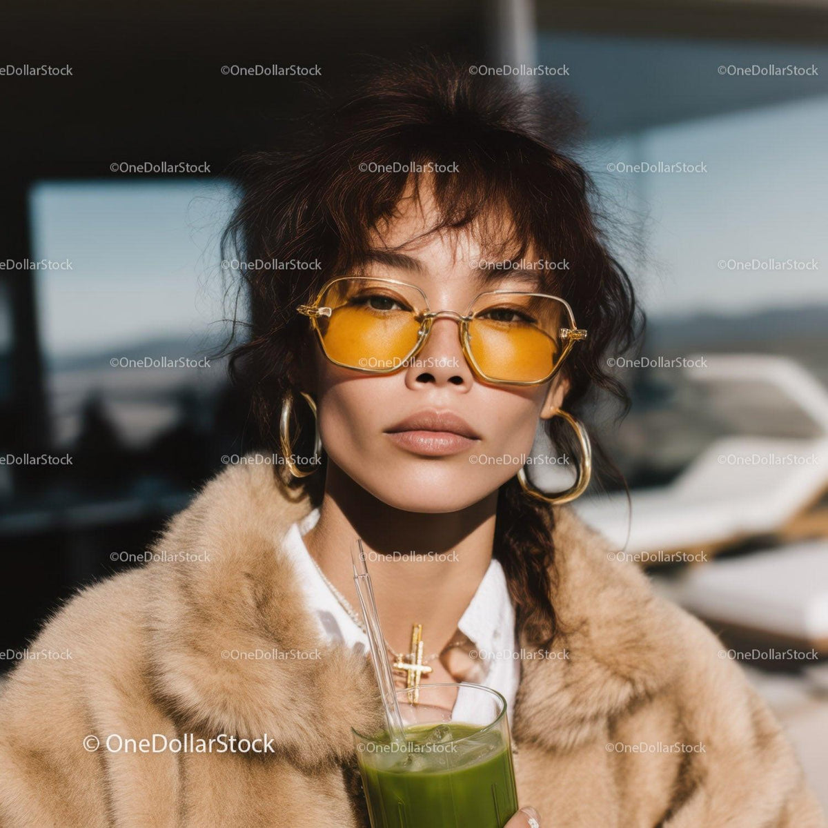 Stylish Woman Wearing Yellow Tinted Sunglasses and Beige Fur Coat