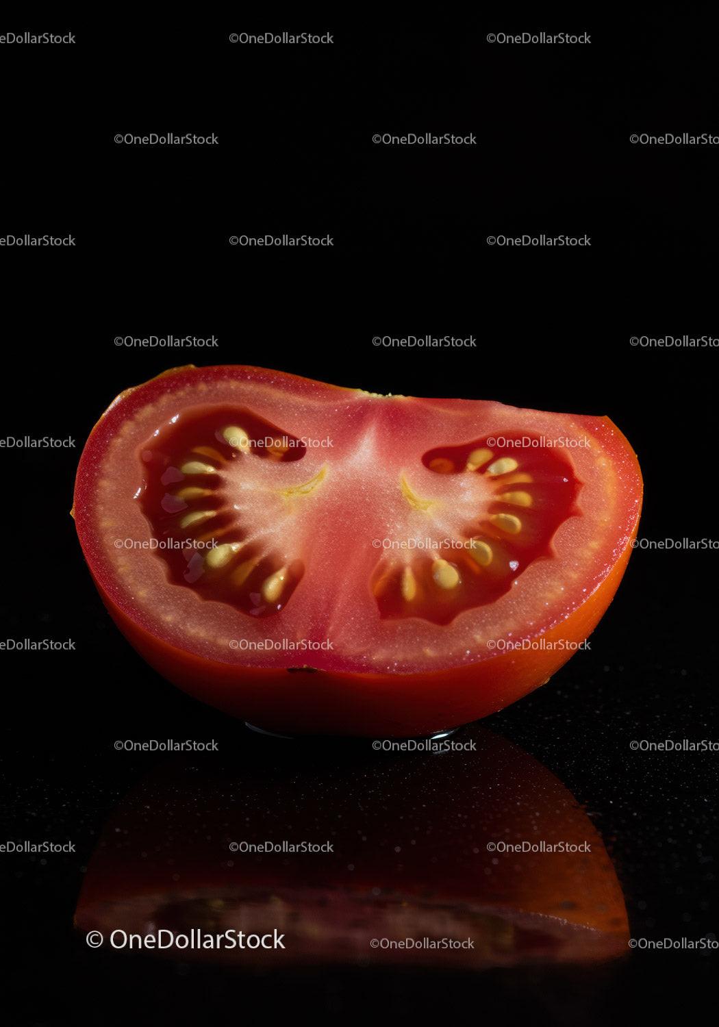 Half Cut Ripe Red Tomato with Seeds on Black Background