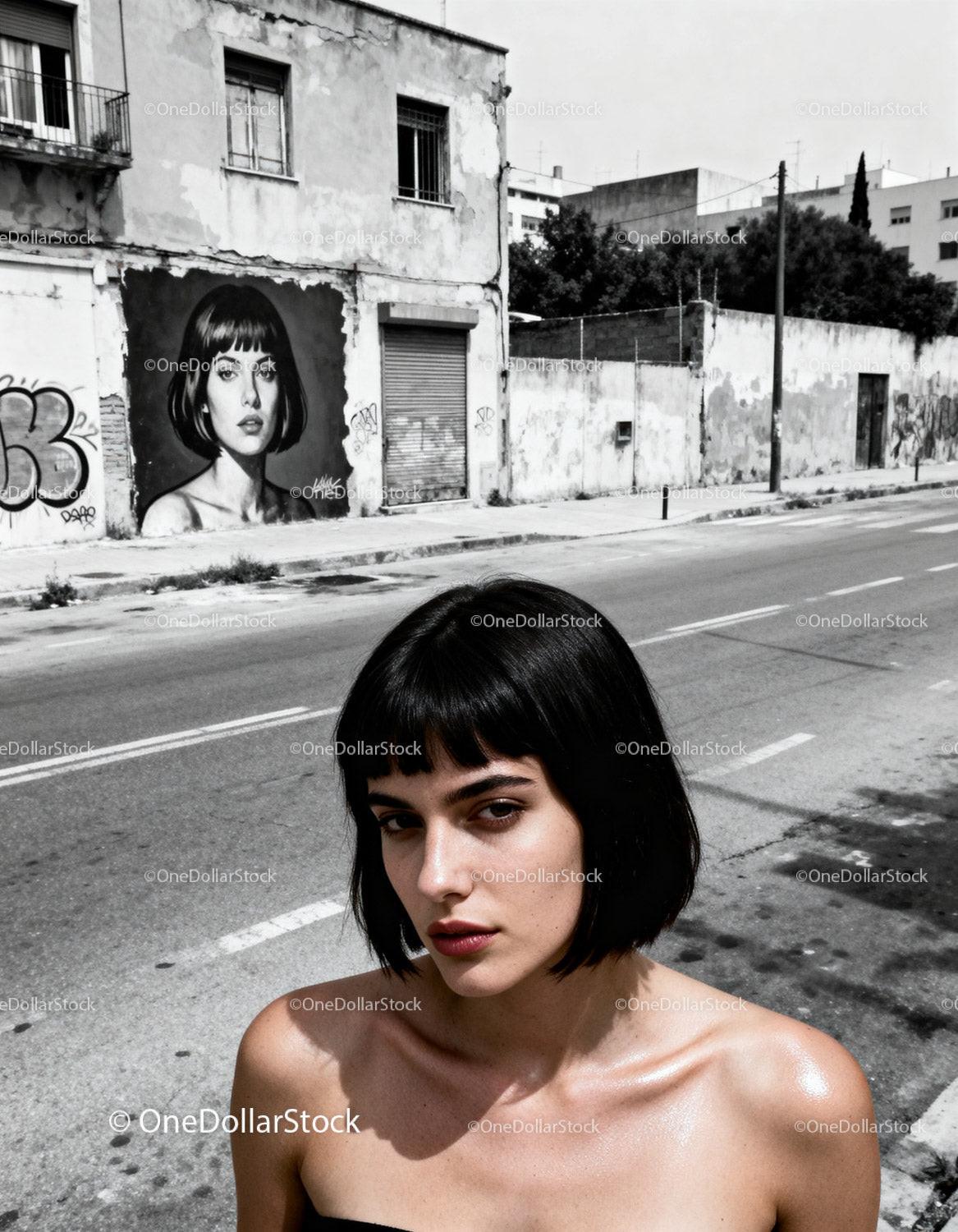 Young woman with short black hair standing on urban street