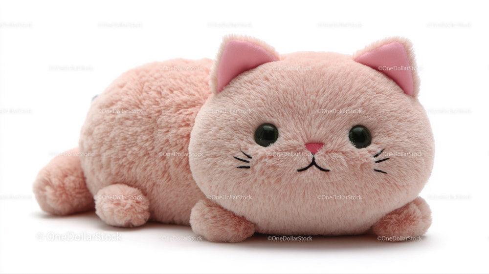 Soft plush pink toy cat lying down with black eyes and embroidered whiskers