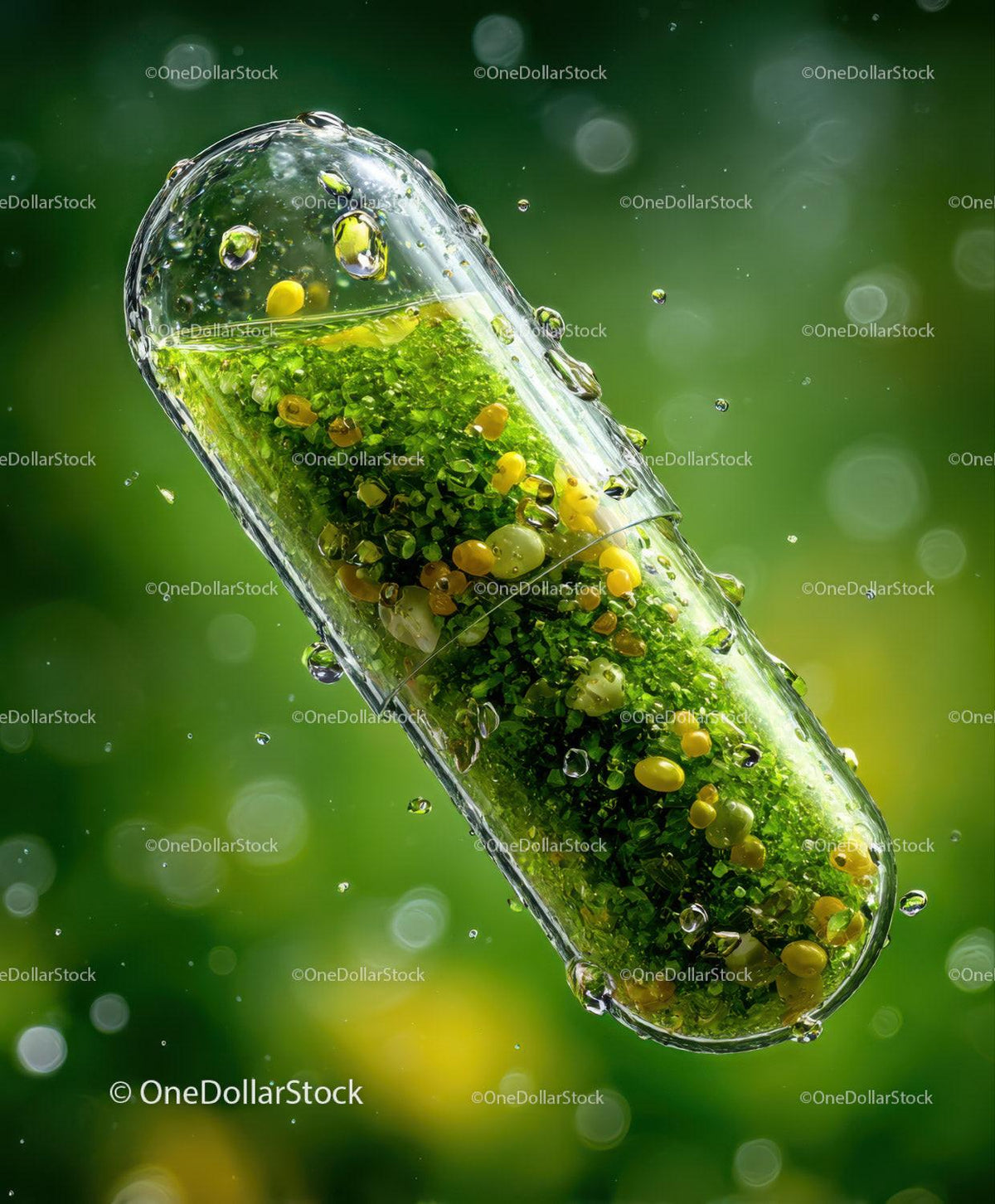 Transparent capsule filled with green granules and yellow beads surrounded by water droplets